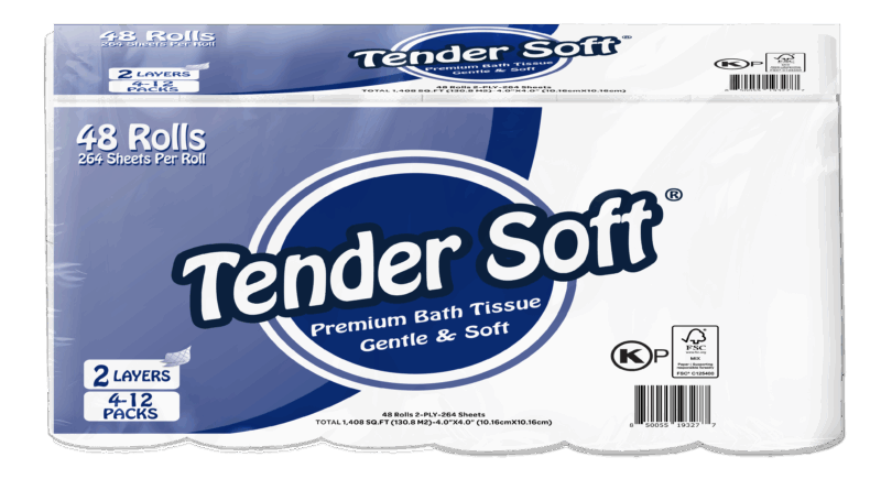 Tender Soft Premium Bath Tissue, 2-ply, 4" x 4", 264 Sheets, 48 ct